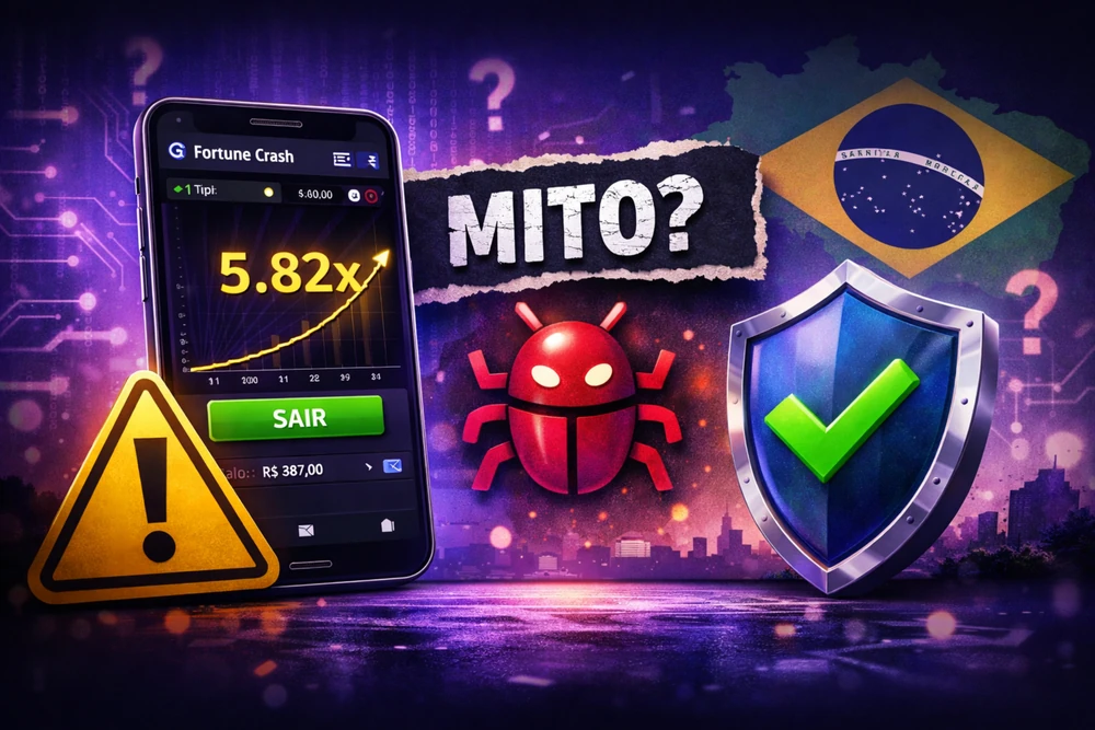 Fortune Crash bug em smartphone com alerta visual, ícone de bug, selo de segurança e contexto de mitos no Brasil