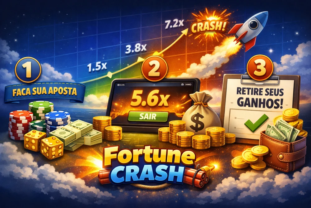 Como funciona o Fortune Crash com etapas da aposta, multiplicador e saque em destaque