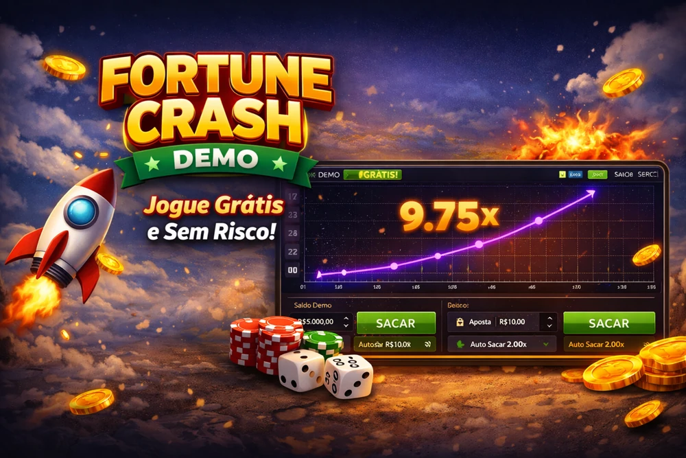 Fortune Crash Demo com foguete, gráfico de multiplicador e interface de jogo grátis em destaque
