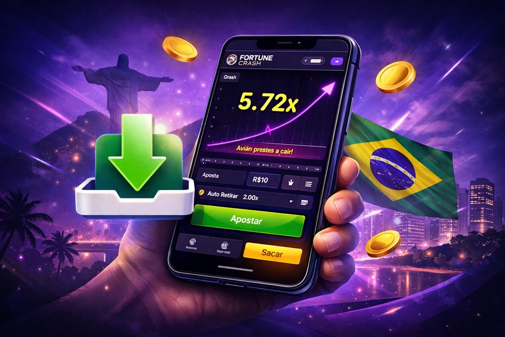 Fortune Crash Download em smartphone com ícone de download, gráfico multiplicador e interface mobile em destaque no Brasil
