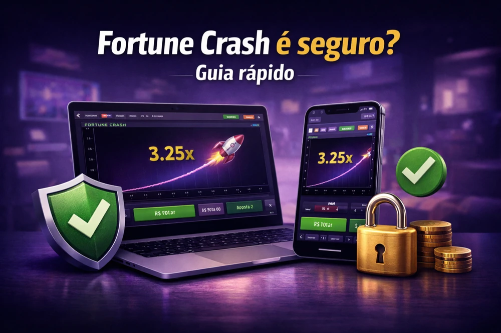 Fortune Crash em laptop e smartphone com elementos de segurança, escudo de verificação, cadeado e ambiente digital em tons escuros e violetas