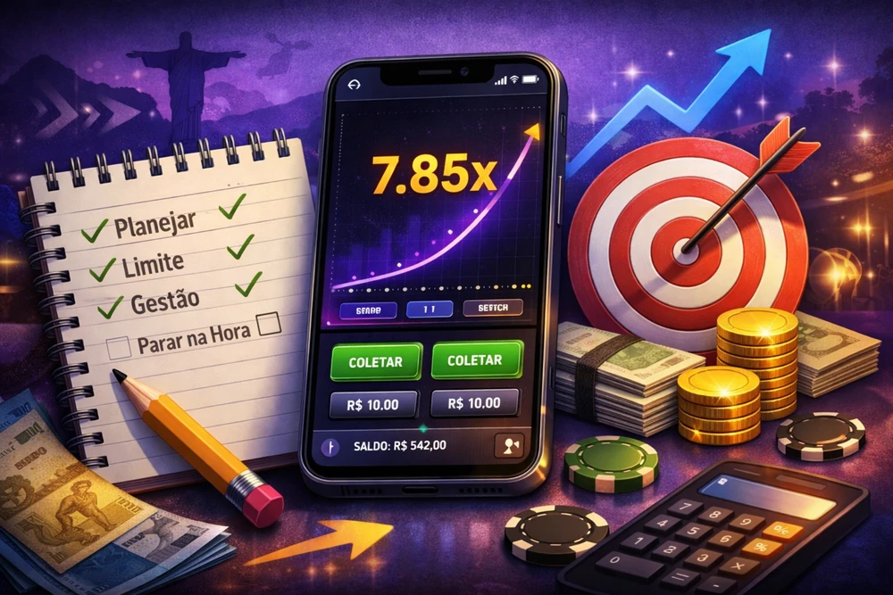 Estratégia Fortune Crash em smartphone com gráfico multiplicador, checklist, alvo, gestão de banca e planejamento no Brasil