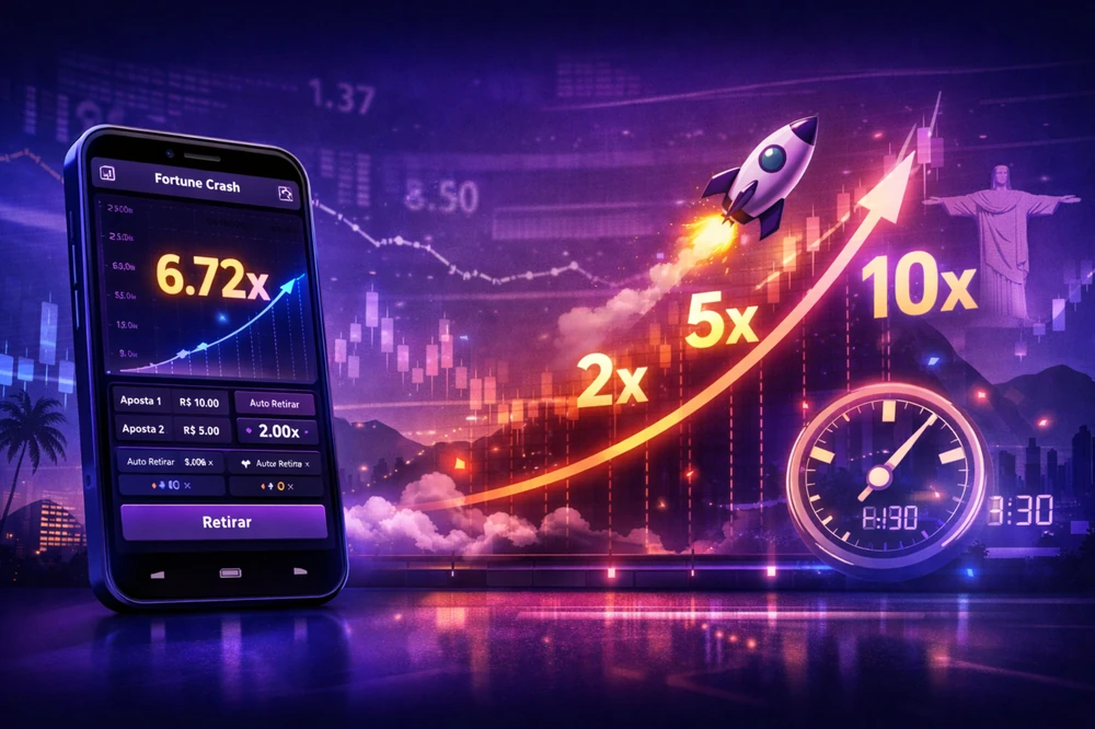 Fortune Crash multiplicadores em smartphone com gráfico ascendente, valores 2x 5x 10x e leitura visual do jogo no Brasil