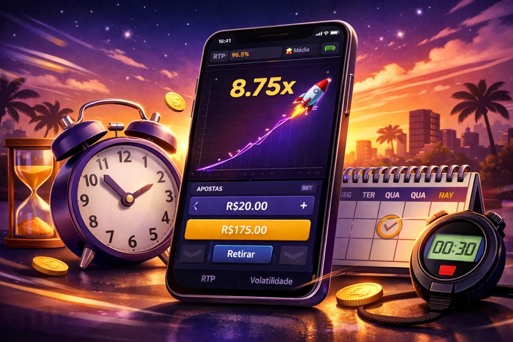 Fortune Crash horário em smartphone com gráfico multiplicador, relógio, cronômetro e elementos de rotina de jogo no Brasil