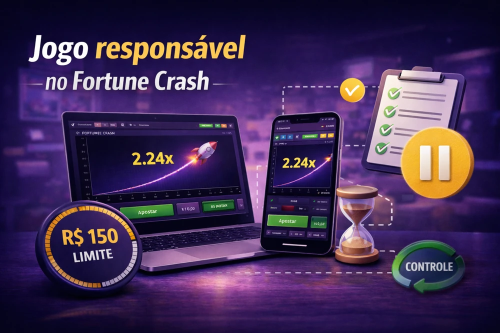 Jogo responsável no Fortune Crash com laptop e smartphone, limite de banca, checklist, pausa e elementos visuais de controle em tons violetas