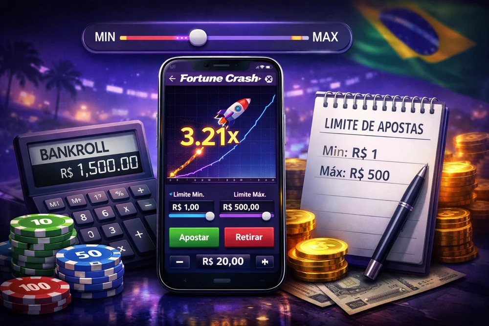 Limite de apostas Fortune Crash em smartphone com valores mínimo e máximo, controle de banca e gestão da sessão no Brasil