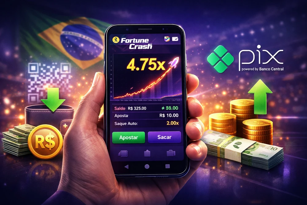 Fortune Crash Pix em smartphone com interface crash, símbolo Pix, depósitos, saques e valores em reais no Brasil