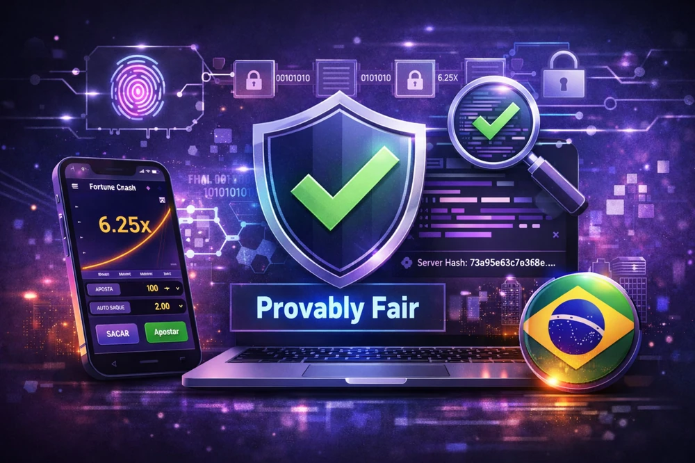 Provably Fair Fortune Crash com smartphone, notebook, selo de verificação, hash visual e elementos de transparência no Brasil